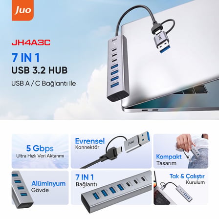 Juo Type-C ve USB-A 7 Portlu 4*USB-A 3*Type-C 5Gbps USB 3.2 Çoklayıcı Hub Dönüştürücü