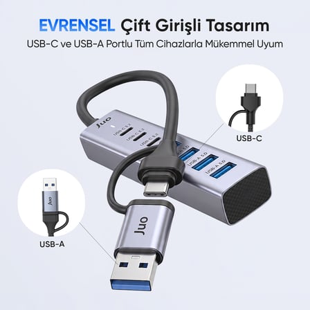 Juo Type-C ve USB-A 7 Portlu 4*USB-A 3*Type-C 5Gbps USB 3.2 Çoklayıcı Hub Dönüştürücü
