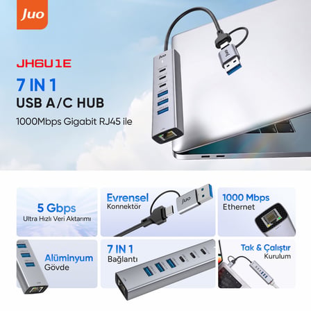 Juo Type-C ve USB-A 7 Portlu 3*USB-A 3*Type-C Gigabit Ethernet Dönüştürücü USB Çoklayıcı Hub