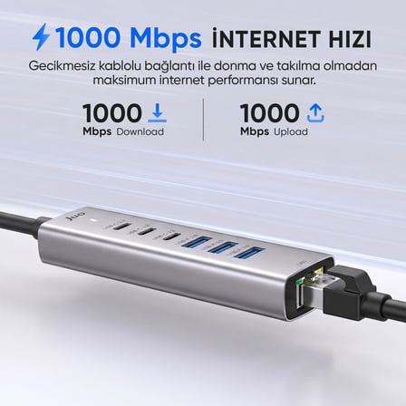 Juo Type-C ve USB-A 7 Portlu 3*USB-A 3*Type-C Gigabit Ethernet Dönüştürücü USB Çoklayıcı Hub