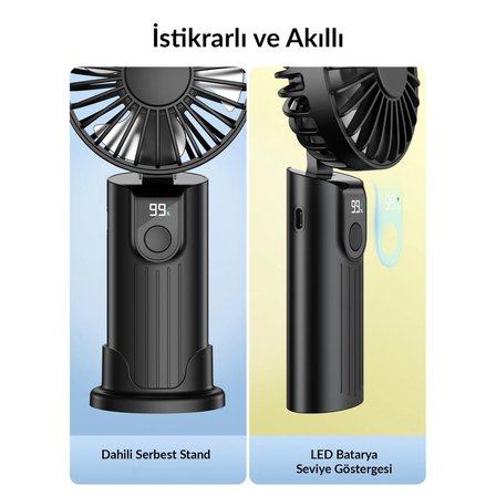 Warmco K38 Ekranlı 4 Kademeli El Vantilatörü 5000mAh Şarjlı Taşınabilir Katlanabilir Standlı Boyun Askılı Soğutucu Fan Siyah