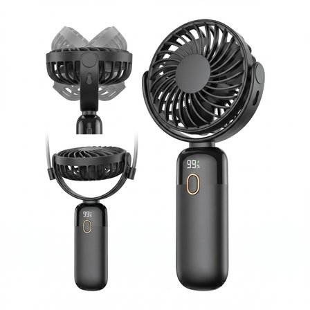 Warmco K70 Taşınabilir Şarjlı El Vantilatörü 2400mAh 360° Döner Başlıklı ve Standlı Dijital Ekranlı Soğutucu Fan Siyah
