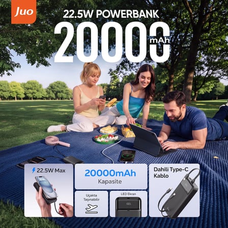 Juo 20000mAh 22.5W Led Ekranlı Lightning ve Type-C Kablolu Powerbank Taşınabilir Hızlı Şarj Cihazı Siyah