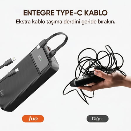 Juo 20000mAh 22.5W Led Ekranlı Lightning ve Type-C Kablolu Powerbank Taşınabilir Hızlı Şarj Cihazı Siyah