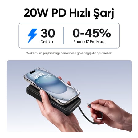Juo 20000mAh 22.5W Led Ekranlı Lightning ve Type-C Kablolu Powerbank Taşınabilir Hızlı Şarj Cihazı Siyah