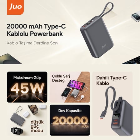 Juo 20000mAh 45W LED Ekranlı USB-A + Type-C Dahili Kablolu Powerbank Taşınabilir PD Hızlı Şarj Cihazı