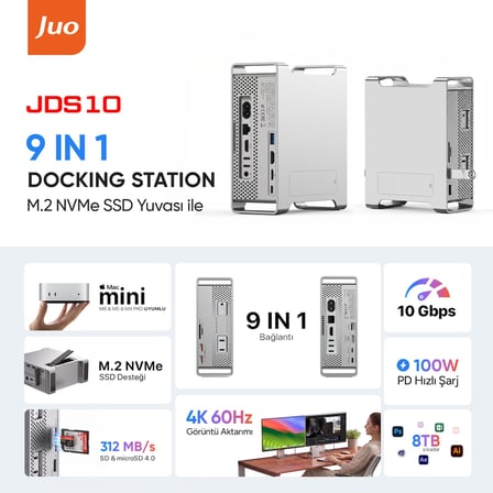 Juo Mac Mini M6, M5 Pro, M4 için Dock Station NVMe SSD Kutusu USB Çoklayıcı Hub 10Gbps 4K 60Hz HDMI SD/TF 4.0 Kart Okuyucu 100W PD Alüminyum Stand