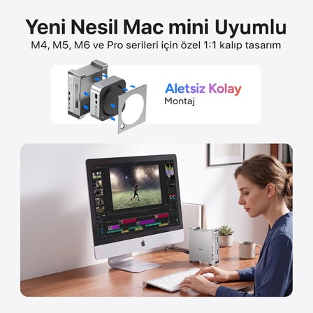 Juo Mac Mini M6, M5 Pro, M4 için Dock Station NVMe SSD Kutusu USB Çoklayıcı Hub 10Gbps 4K 60Hz HDMI SD/TF 4.0 Kart Okuyucu 100W PD Alüminyum Stand