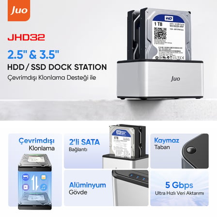 Juo JHD32 USB 3.0 Çift Yuvalı 2.5" ve 3.5" inç SATA HDD SSD Offline Clone Docking Station Klon Fonksiyonlu Disk İstasyonu
