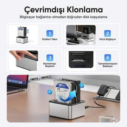Juo JHD32 USB 3.0 Çift Yuvalı 2.5" ve 3.5" inç SATA HDD SSD Offline Clone Docking Station Klon Fonksiyonlu Disk İstasyonu