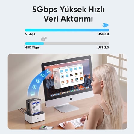 Juo JHD32 USB 3.0 Çift Yuvalı 2.5" ve 3.5" inç SATA HDD SSD Offline Clone Docking Station Klon Fonksiyonlu Disk İstasyonu