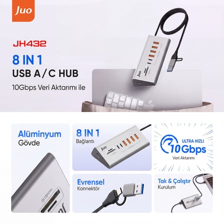 Juo JH432 Type-C ve USB-A 8 Portlu 4*USB-A 2*Type-C 10Gbps USB Hub Çoklayıcı SD/MicroSD Kart Okuyucu Dönüştürücü Hub