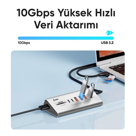 Juo JH432 Type-C ve USB-A 8 Portlu 4*USB-A 2*Type-C 10Gbps USB Hub Çoklayıcı SD/MicroSD Kart Okuyucu Dönüştürücü Hub
