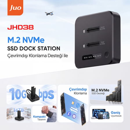Juo JHD38 Dual M.2 NVMe SSD Offline Clone Docking Station 16TB Type-C 10Gbps USB 3.2 Klon Fonksiyonlu Disk İstasyonu