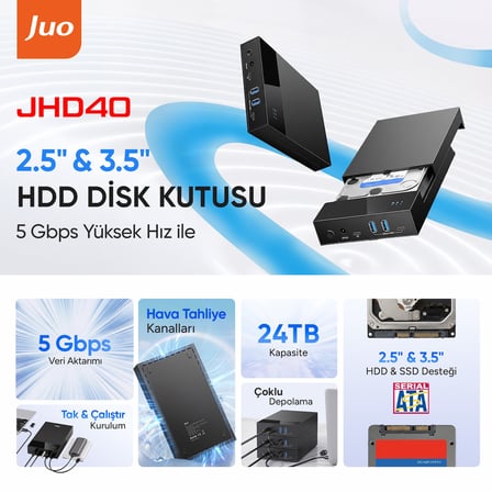 Juo JHD40 2.5" ve 3.5" İnç SATA HDD SSD Harici Disk Kutusu, USB 3.1 Type-C 5Gbps, 3 Port USB Hub, 24TB Destekli