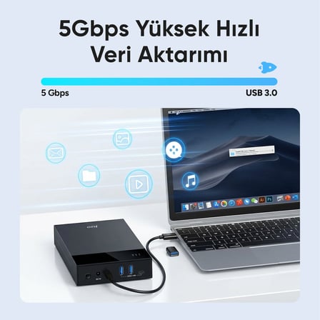 Juo JHD40 2.5" ve 3.5" İnç SATA HDD SSD Harici Disk Kutusu, USB 3.1 Type-C 5Gbps, 3 Port USB Hub, 24TB Destekli