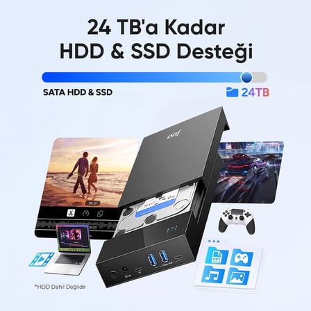 Juo JHD40 2.5" ve 3.5" İnç SATA HDD SSD Harici Disk Kutusu, USB 3.1 Type-C 5Gbps, 3 Port USB Hub, 24TB Destekli