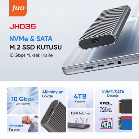 Juo JHD35 M.2 SATA ve NVMe SSD Dual Protocol Disk Kutusu Type-C USB 3.1 10Gbps Alüminyum 4TB Destekli Harici SSD Disk Kutusu