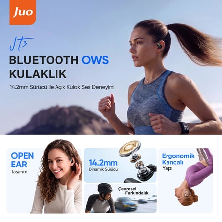 Juo JT3 Bluetooth 6.0 Open Ear OWS Kablosuz Bluetooth Kulaklık 14.2mm Sürücü Kulak Kancalı Açık Spor Kulaklığı 90 saat Pil Ömrü Siyah