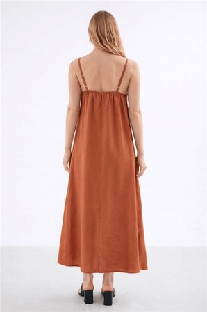 Fashion Friends A Kesim V Yaka Askılı Modal Midi Elbise Bayan ELBİSE 26Y0501K1 KİREMİT