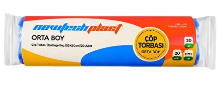 Newtechplast Çöp Torbası, Orta Boy, Mavi, 55 X 60 cm., 1 Rulo 20 Adet 80 gr.