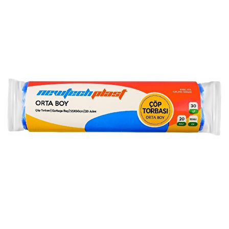 Newtechplast Çöp Torbası, Orta Boy, Mavi, 55 X 60 cm., 1 Rulo 20 Adet 80 gr.