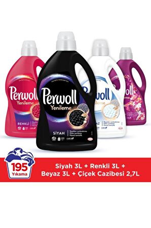 Perwoll Hassas Sıvı Çamaşır Deterjanı Siyah 2.97 L + Renkli 2.97 L + Beyaz 2.97 L + Çiçek Cazibesi 2.7 L