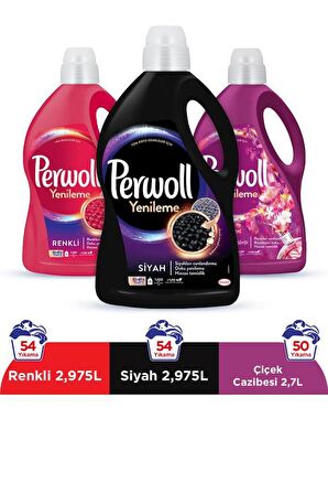 Perwoll Hassas Bakım Sıvı Çamaşır Deterjanı Siyah 2.97 L + Renkli 2.97 L + Çiçek Cazibesi 2.7 L