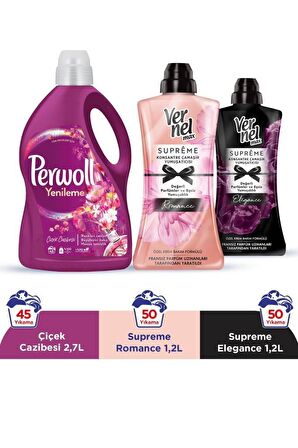 Perwoll Yenileme & Onarım Karma Renkler İçin Sıvı Deterjan 2.7 lt 45 Yıkama & Vernel Max Supreme Romance 1200 ml + Vernel Max Supreme Elegance 1200 ml 