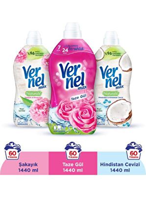 Vernel Max Naturals Şakayık & Beyaz Çay & Hindistan Cevizi & Taze Gül Beyazlar ve Renkliler İçin Konsantre Yumuşatıcı 3 x 1440 ml 180 Yıkama