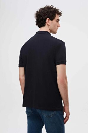 D'S Damat Regular Fit Lacivert Pike Dokulu %100 Pamuk Kıvrılmaz Polo Yaka Nakışlı T-Shirt 4HC14ORT51000