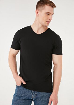 Mavi V Yaka Siyah Basic Tişört 065586-900