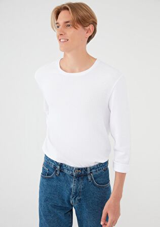 Mavi Uzun Kollu Beyaz Tişört 065755-620