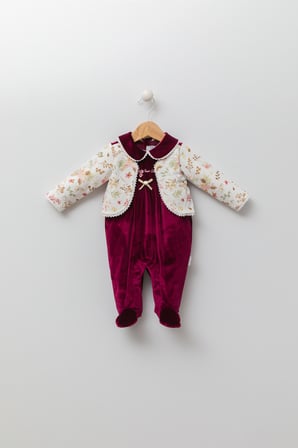 Kadife Patikli Kız Bebek Tulum 0-12 Ay Retro Ceketli Görünümlü Hediyelik Nostaljik Bayramlık 13433