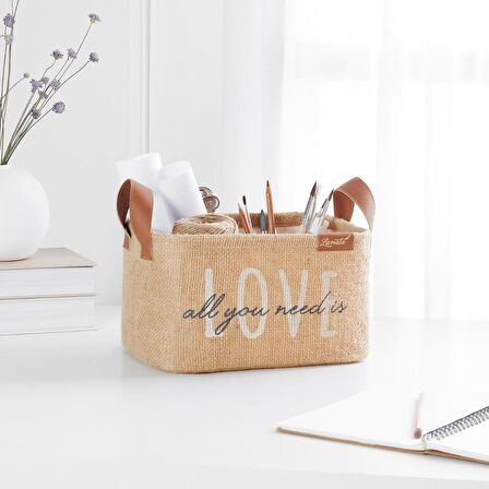 OCEAN HOME Love Baskılı Dikdörtgen Jüt Sepet //24x17x14