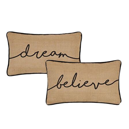 Ocean Home 2'li Believe+Dream Baskılı Natural Jüt Kırlent Kılıfı // 50x30
