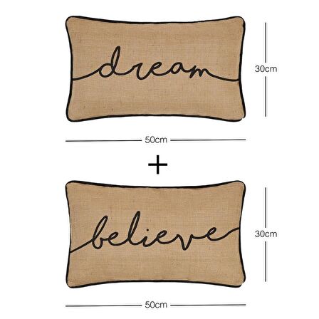 Ocean Home 2'li Believe+Dream Baskılı Natural Jüt Kırlent Kılıfı // 50x30