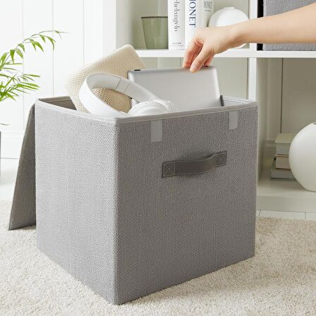 2'li Gri Renk Jüt Kapaklı Kutu Set 30x30x30 cm