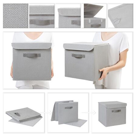2'li Gri Renk Jüt Kapaklı Kutu Set 30x30x30 cm