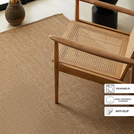 Ocean Home Textile Yıkanabilir Jüt Görünümlü Naturel Renk Balıksırtı Halı Kilim 160 x 230 cm