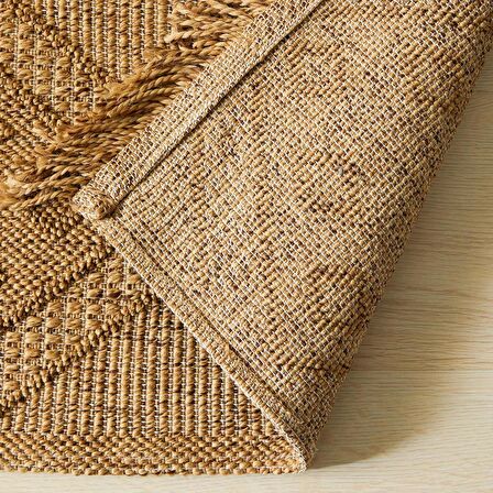 Ocean Home Textile Yıkanabilir Saçaklı Jüt Görünümlü Naturel Renk Karo Desenli Halı Kilim 160 x 230 cm