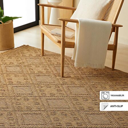 Yıkanabilir Saçaklı Jüt Görünümlü Naturel Renk Karo Desenli Halı Kilim 120 x 180 cm