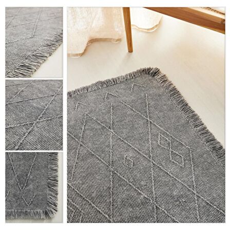 Ocean Home Textile Yıkanabilir Saçaklı Antrasit Renk Pamuklu Halı Kilim 70 x 160 cm