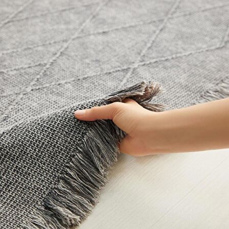 Ocean Home Textile Yıkanabilir Saçaklı Antrasit Renk Pamuklu Halı Kilim 70 x 160 cm