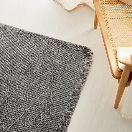 Ocean Home Textile Yıkanabilir Saçaklı Antrasit Renk Pamuklu Halı Kilim 70 x 160 cm