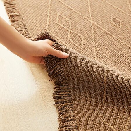 Yıkanabilir Saçaklı Kahve Renk Pamuklu Halı Kilim 70 x 160 cm