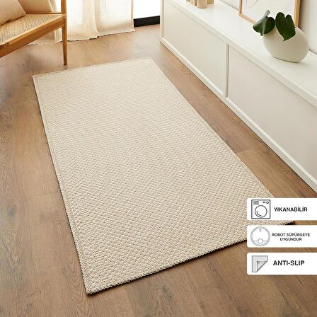 Yıkanabilir Jüt Görünümlü Krem Renk Hasır Desenli Halı Kilim 80 x 150 cm