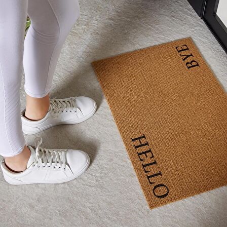 Ocean Home Textile 360 gr Kaymaz Tabanlı Bej Renk Hello Bye Kapı Önü Paspası 40 x 60 cm