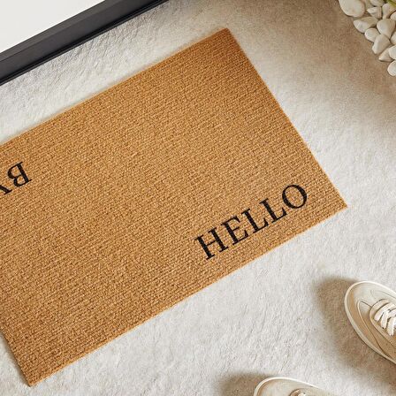 Ocean Home Textile 360 gr Kaymaz Tabanlı Bej Renk Hello Bye Kapı Önü Paspası 40 x 60 cm