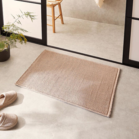 Ocean Home Textile Yıkanabilir Pamuklu Bej Renk Buklet Banyo Paspası 60 x 90 cm